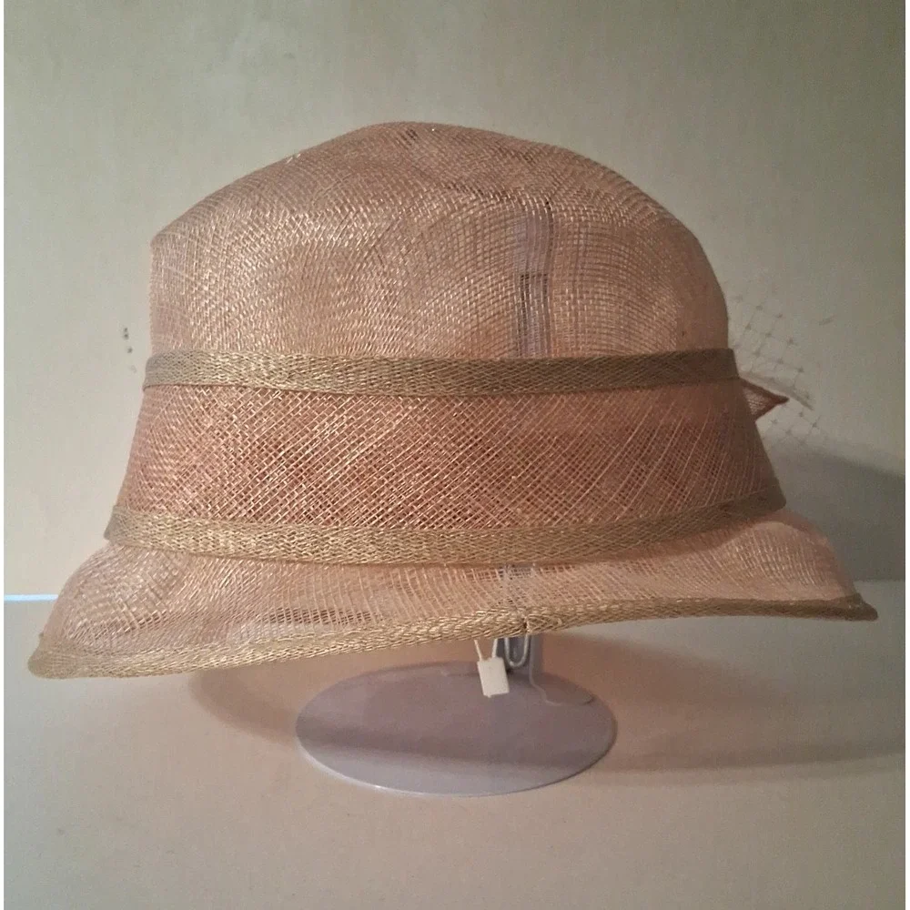 Women's Sinamay Cloche Pink Derby, Church, Wedding Hat Bow Netting Feathers